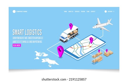 Isometric 3D Smart global logistics delivery tracking system on smartphone concept with export, import, warehouse business and transportation truck use wireless technoloty. Eps10 vector illustration