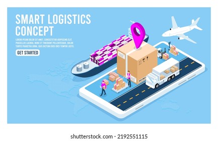 Isometric 3D Smart global logistics delivery tracking system on smartphone concept with export, import, warehouse business and transportation. Eps10 vector illustration