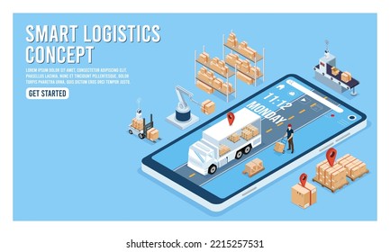 Isometric 3D Smart Industry concept with delivery tracking system on smartphone, development production packaging, global logistics partnership, automated production line. Vector illustration Eps10