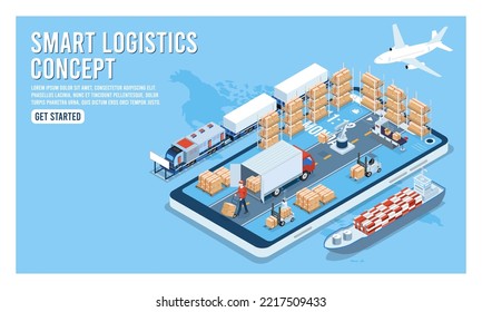 Isometric 3D Smart Industry concept with delivery tracking system on smartphone, development production packaging, global logistics partnership, automated production line. Vector illustration Eps10