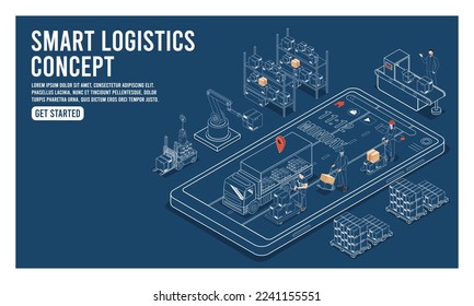 Isometric 3D Smart Industry concept with delivery tracking system on smartphone, development production packaging, global logistics partnership, automated production line. Vector illustration Eps10 svg