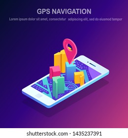 Isometric 3d smartphone with gps navigation app, tracking. Mobile phone with map application. Vector flat design