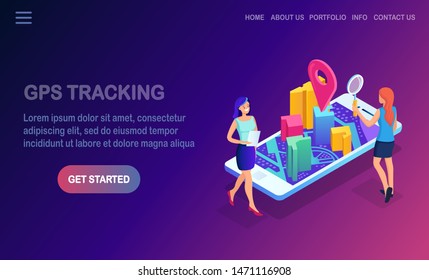 Isometric 3d smartphone with gps navigation app, tracking. Mobile phone with map application. Vector flat design
