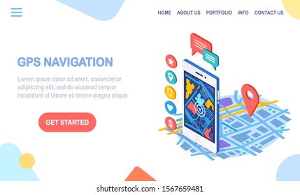 Isometric 3d smartphone with gps navigation app, tracking. Mobile phone with map application. Vector flat design