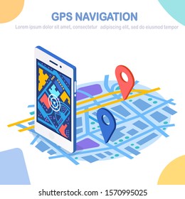 Isometric 3d smartphone with gps navigation app, tracking. Mobile phone with map application. Vector flat design