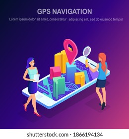 Isometric 3d smartphone with gps navigation app, tracking. Mobile phone with map application. Vector flat design