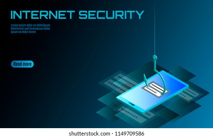 Isometric 3D smartphone login password phishing. Personal information account email hacker. Spam antivirus internet security spam concept banner template card vector illustration
