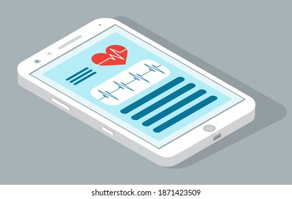 Isometric 3d smartphone with medical app, monitoring diagnosis or test results through internet, online medicine. Cardiogram information, heart beating. Modern device with information. Flat style