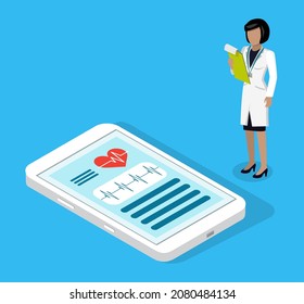 Isometric 3d smartphone with medical app, monitoring diagnosis or test results through internet, online medicine. Cardiogram information, heart beating. Doctor woman in medical gown with clipboard