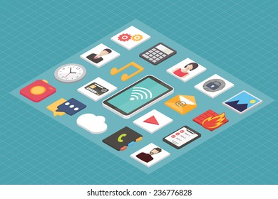 Isometric 3d smartphone with mobile application and social media icons.