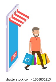 Isometric 3d smartphone with online shop concept. Ok button. Mobile web application. Digital marketing. Happy man with purchases, bags. Guy making shopping online in shop, isolated flat character