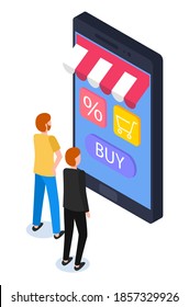 Isometric 3d de smartphone. Personas haciendo compras en línea con aplicaciones o en el sitio web. Comprando productos en internet. Tienda en línea. Personajes vectores mirando los botones de la pantalla. Compradores realizan compra