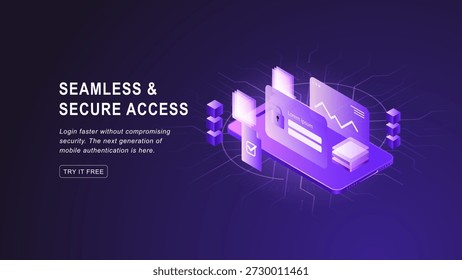 Isometric 3D smartphone with security padlock and blockchain data charts for mobile cybersecurity concept