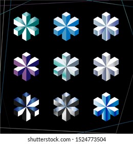 Isometric 3d Snowflake set. Vector crystals.