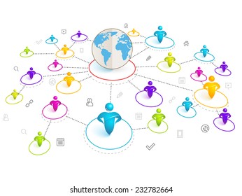 Isometrisches 3D Social Media Network. Vektorgrafik mit Weltkarte