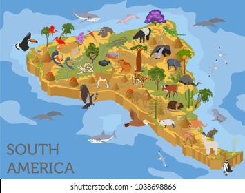 Isometric 3d South America flora and fauna map elements. Animals, birds and sea life. Build your own geography infographics collection. Vector illustration