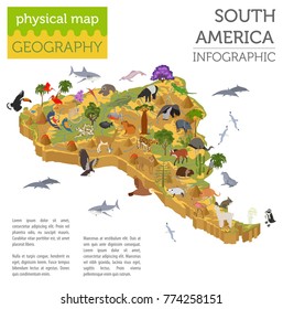 Isometric 3d South America flora and fauna map elements. Animals, birds and sea life. Build your own geography infographics collection. Vector illustration