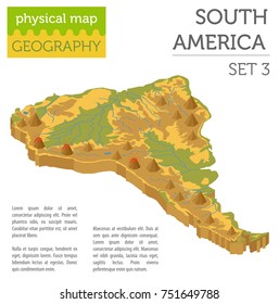 Isometric 3d South America physical map elements. Build your own geography info graphic collection. Vector illustration