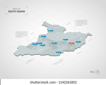 Isometric  3D South Sudan map. Stylized vector map illustration with cities, borders, capital Juba , administrative divisions and pointer marks; gradient background with grid. 
