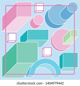 Isometric 3d space with geometric blocks in bright colors. Vector background.