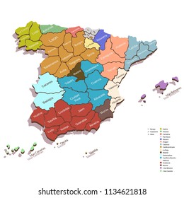 Isometric 3D Spain map. Stylized vector map illustration with named regions and provinces.