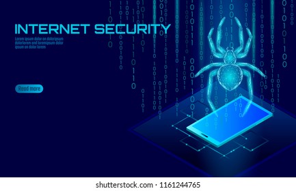Isometric 3D spider hacker attack danger. Web security virus data safety antivirus concept. Smartphone lock design business concept. Cyber crime web insect bug technology vector illustration