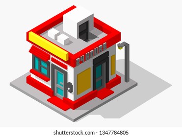Isometric 3d store building. Flat design. Vector illustration. Isometric store icon.