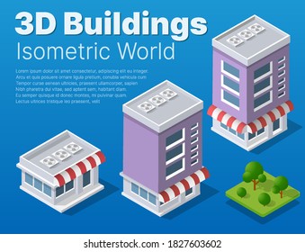Isometric 3d street district part of the city with an outdoors road buildings. City stock infographic illustration