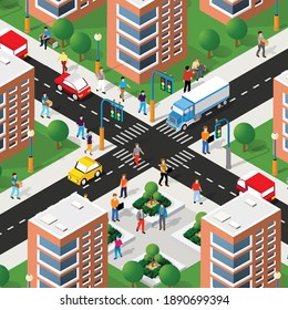 Isometric 3d Street Downtown Architecture District Part Of The City With Outdoor Road Buildings. City Stock Infographic Illustration