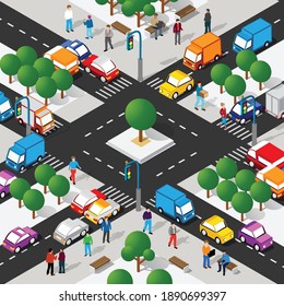 Isometric 3d street downtown architecture district part of the city with outdoor road buildings. City stock infographic illustration