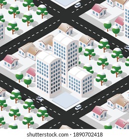 Isometric 3d street downtown architecture district part of the city with outdoor road buildings. City stock infographic illustration