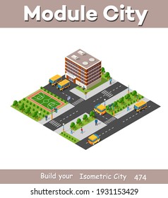 Isometric 3d street downtown architecture district part of the city with outdoor road buildings.