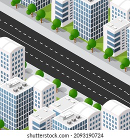 Isometric 3d street downtown architecture district part of the city with outdoor road buildings