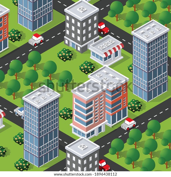 Isometric 3d Street Downtown Architecture District Stock Vector ...