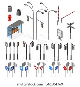 Isometric 3d Street, Road Vector Objects Icons Set.