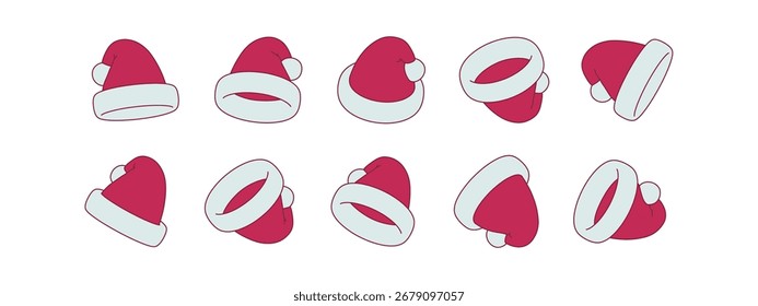 Isometric 3D style Santa hat icons set in multiple rotation views. Flat vector illustration for Christmas, New Year, holiday decoration and festive winter design