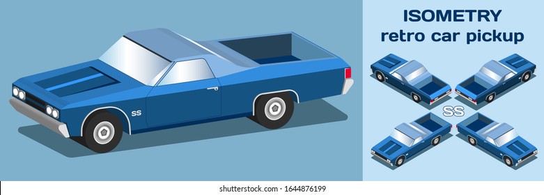 Isometric 3D stylish blue retro car pickup in different projections