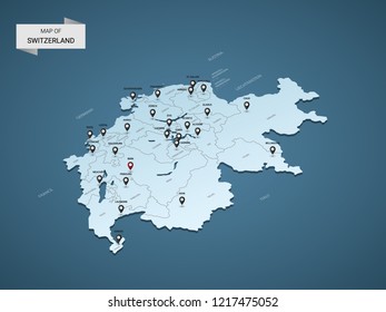 Isometric 3D Switzerland map,  vector illustration with cities, borders, capital, administrative divisions and pointer marks; gradient blue background.  Concept for infographic.