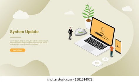 isometric 3d system update security patch concept with laptop and smartphone for website template banner landing homepage - vector illustration