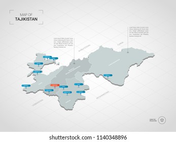 Isometric  3D Tajikistan map. Stylized vector map illustration with cities, borders, capital Dushanbe , administrative divisions and pointer marks; gradient background with grid. 