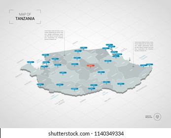 Isometric  3D Tanzania map. Stylized vector map illustration with cities, borders, capital Dodoma , administrative divisions and pointer marks; gradient background with grid. 