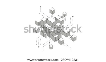 Isometric 3D technical illustration featuring grey and white geometric cubes with dashed lines and directional arrows on a plain white background for architectural or data concept.