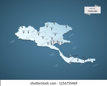 Isometric 3D Thailand map,  vector illustration with cities, borders, capital, administrative divisions and pointer marks; gradient blue background.  Concept for infographic.