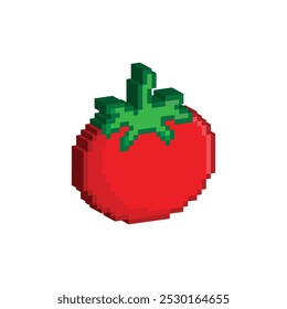 Isometric 3d tomato icon 8 bit, pixel art icon for game logo.