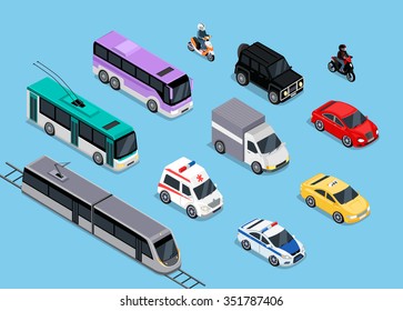 Isometric 3d transport set flat design. Car vehicle, transportation traffic, truck van, auto cargo, bus and automobile, police and motorcycle illustration. Car icon. Transport icon set