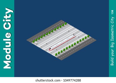 Isometric 3D transport train with the station and other buildings of the dimensional city