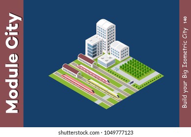 Isometric 3D transport train with the station and other buildings of the dimensional city