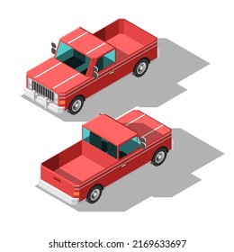 Isometric 3D Transportation Car Pickup Truck Element Vehicle Vector Design Style