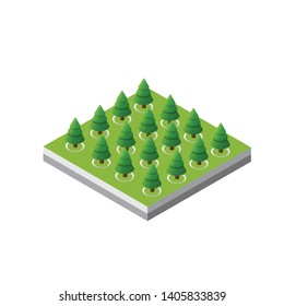 Isometric 3d trees forest camping nature elements white background for landscape design. Vector illustration isolated. Icons for city maps, games and your town