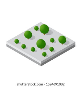 Isometric 3d trees forest camping nature elements white background for landscape design. Vector illustration isolated. Icons for city maps, games and your town